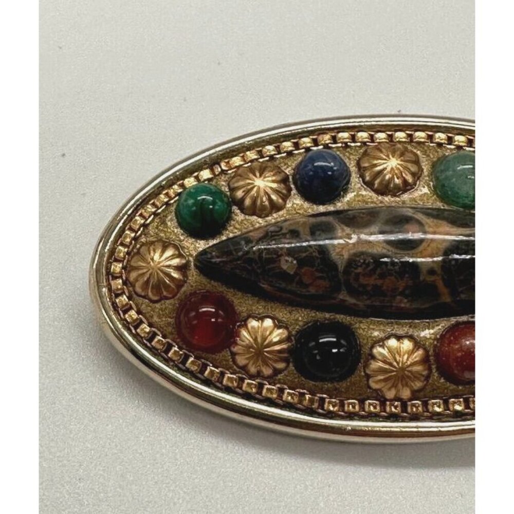 Michal‎ Golan 1.5" Oval Brooch Pin Pendant Gold Tone Goldstone Jasper Aventurine - Picture 3 of 9